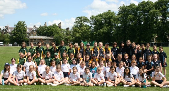 Prep 5 girls from four prep schools including Highfield, gather on the Harrogate Ladies' College playing fields before playing in a rounders tournament