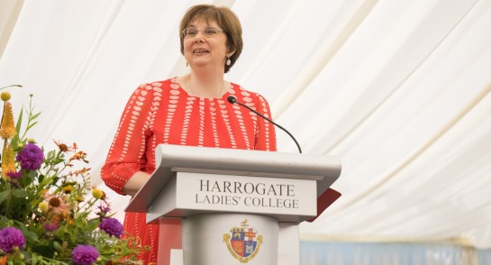 Harrogate Ladies' College Principal, Sylvia Brett addresses the audience at Speech Day 2023