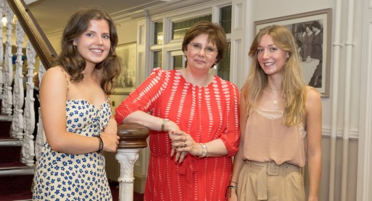 Harrogate Ladies' College Head Prefect, Lucy Thompson; Principal, Sylvia Brett; Head Prefect, Ella Teale stand together following the school's annual Speech Day