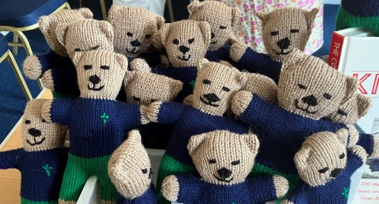 A collection of hand-knitted teddy bears wearing the Highfield Prep school colours of navy blue top and green trousers