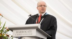 Highfield pupils inspired by futuristic images of Harrogate, James Savile, Highfield Prep School Headteacher, addressing the audience at the 2023 Speech Day & Prizegiving