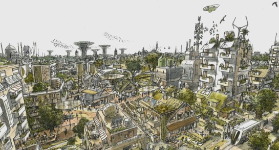 A futuristic drawing of Harrogate in 2100, by James McKay, Faculty of Engineering & Physical Sciences at University of Leeds, shown at Highfield Prep School Speech Day & Prizegiving