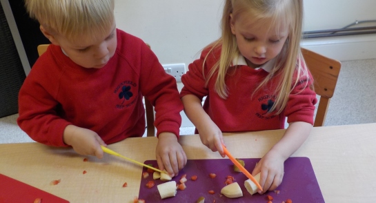 Transition children chopping up fruit to make a smoothie