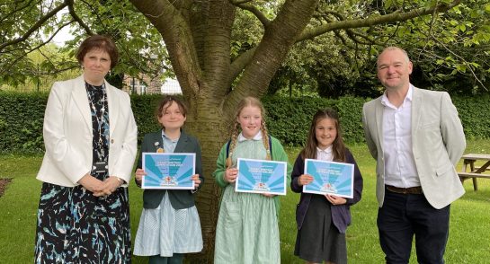 Sylvia Brett, Principal of Harrogate Ladies' College and Nick Hancock from Your Harrogate with prize winners