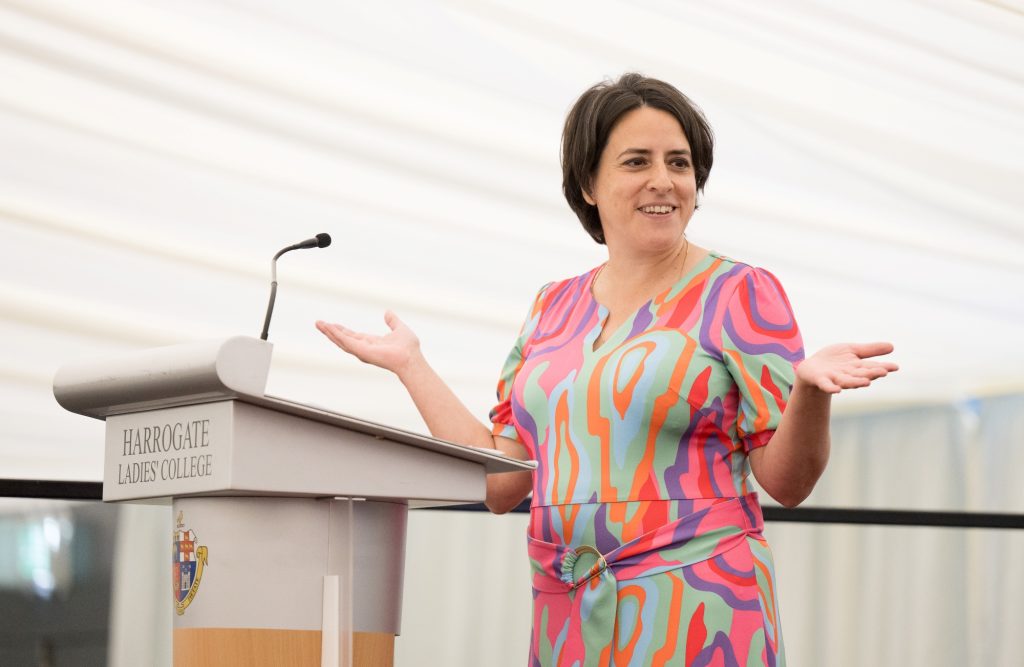 Helen Thomas addresses the outgoing Upper 6 cohort at Harrogate Ladies’ College Speech Day.