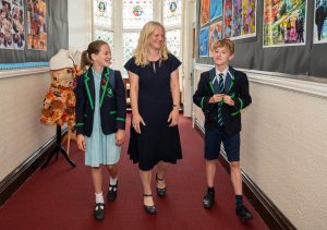 Harrogate Ladies' College Head of Lower School, Mrs Jo Griffin, and Highfield Prep School pupils